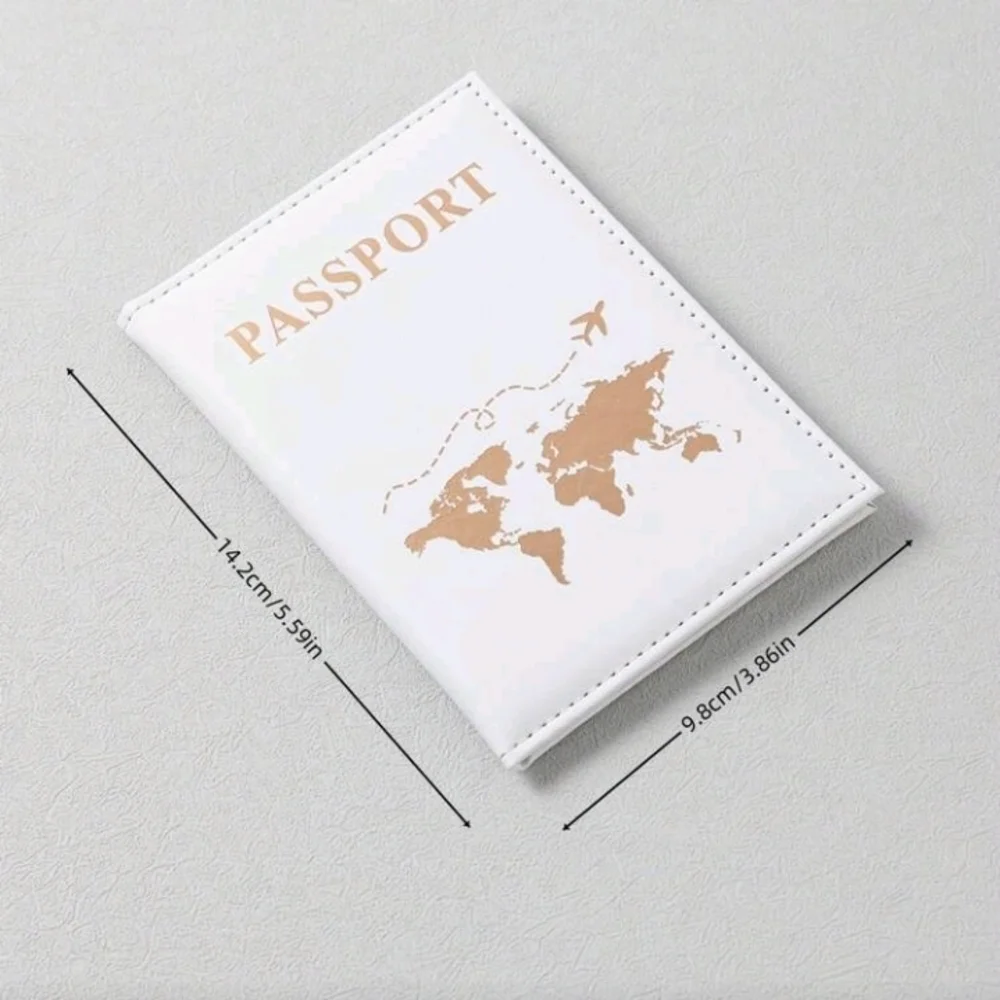 White and Gold Passport Holder Cover With World Map Airplane Design